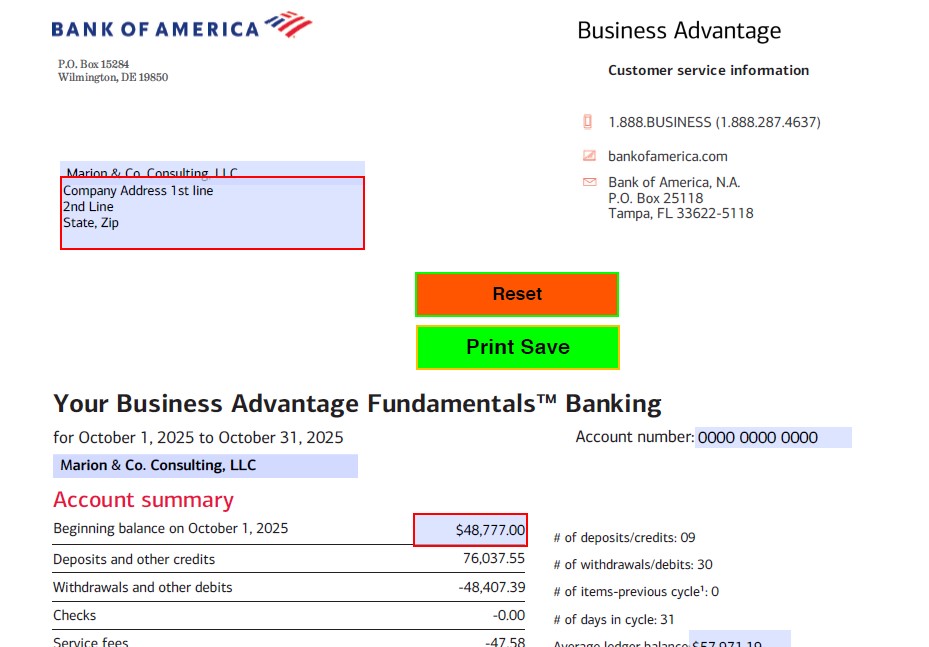 Download 2025 October BOA Business Template (Bank Statement)